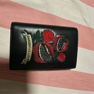 Charles & Keith Black Wallet with Red Floral Embroidery